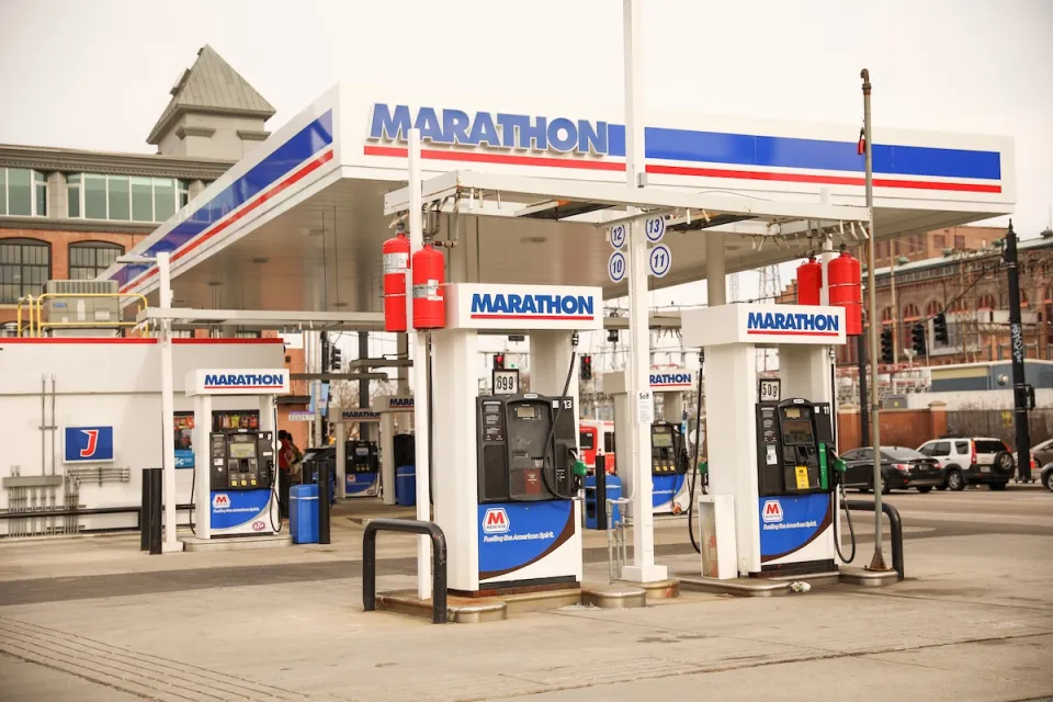 Marathon branded gas station with red, blue, and white color scheme in Providence, Rhode Islad.